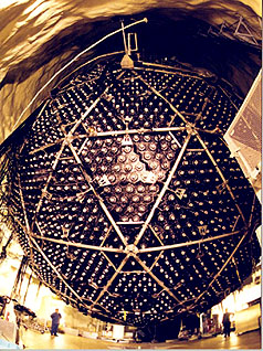 Spherical chamber containing Heavy Water; neutrinos in theory should occasionally strike the unstable deuterium in the water, producing atomic debris that can be sensed by the detectors located around the sphere.